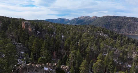 Flying over pine forest revealing big bear lake Video stock 329901516