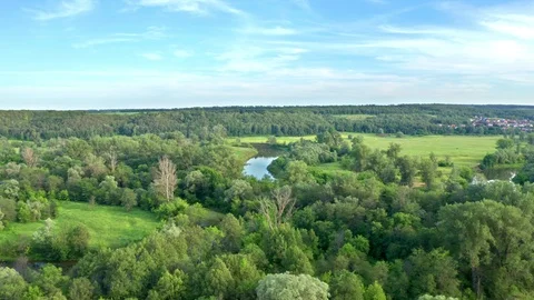 Flying over the plain, along which a river flows curving. Stock Footage 116686795
