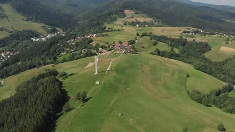 Flying over Polom Mountain and running wind turbine in Beskids Mountains Stock Footage 140071910
