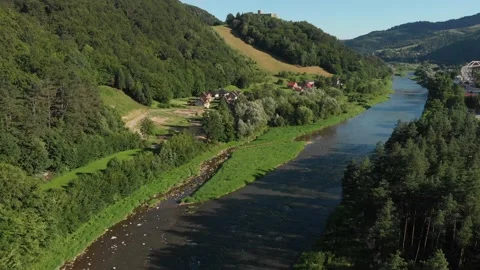 Flying over Poprad river in summer. Beskid Mountains, village Rytro, Poland. Stock Footage 140914743