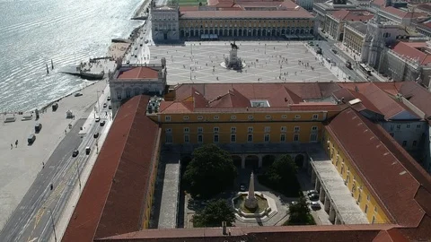 Flying over Praça do Comércio in Lisbon and Portugal with Drone Stock Footage 105525119