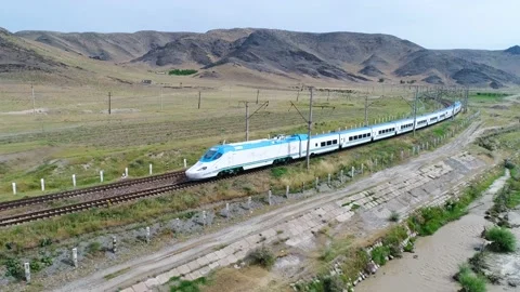 Flying over the railroad and train with a rise high into the sky Stock Footage 161076648