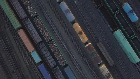 Flying over railroad marshalling yard station. Stock Footage 118893568