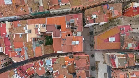 Flying over the red roofs of the old part of town Tarragona, Spain. Stock Footage 112147946