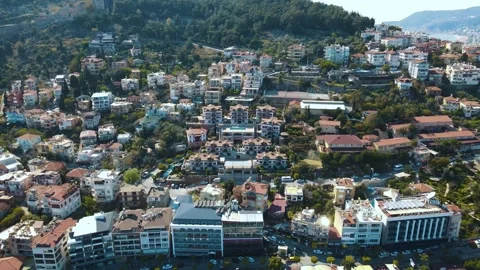 Flying over a resort town, sea town, port in the Mediterranean sea, real esta Stock Footage 157645341