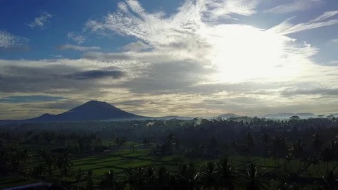 Flying over rice fields with volcano view Stock Footage 74314943