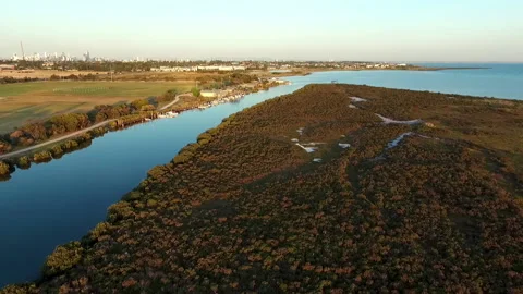 Flying over river Altona Melbourne city view Australia ocean areal view sunset Stock Footage 134883902