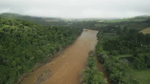 Flying over a river amid forest and green fields. Low clouds. Fog. Misty. Video stock 233218495