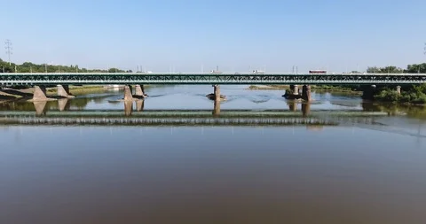 Flying Over River And Bridge In Warsaw Stock Footage 93697499