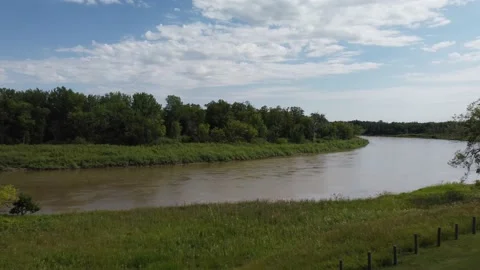 Flying over river and forest at Beaudry provincial park in Manitoba Stock Footage 204964391