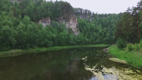 Flying over the river between green forest and beautiful mountains Stock Footage 246581285