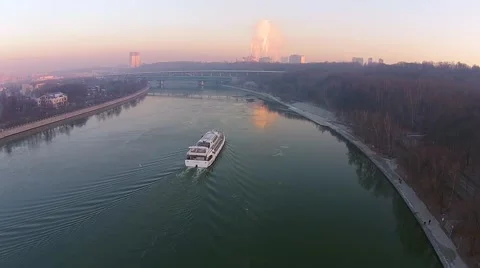 Flying over the river boat at sunset, flying over the river Stock Footage 45985048