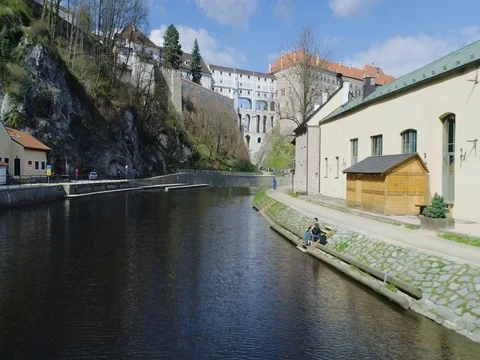 Flying over the river in Cesky Krumlov. Beutiful aerial view, Castle 스톡 동영상 80194269
