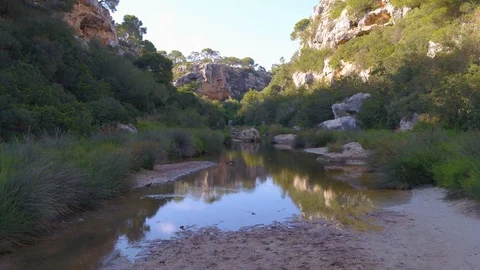 Flying over river to cliff edge in a jungle with INSPIRE 2 drone Stock Footage 101425528