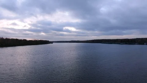 Flying over the river at dawn in the fall. Panoramic views of the river Video stock 118154220