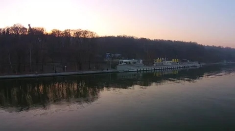 Flying over the river in the evening, view the University at sunset Stock Footage 45987497