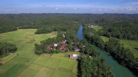 Flying over the RIver. Field and Forest aerial Stock Footage 75658732