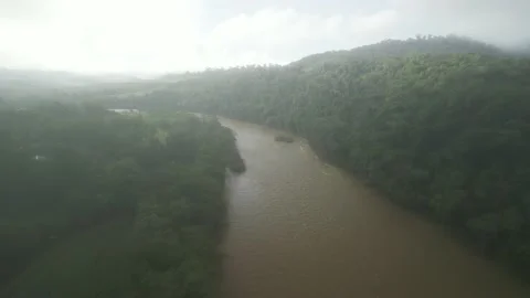 Flying over a river, forest and green fields amid dense fog. Low clouds. Stock Footage 233218484