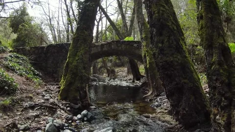 Flying over the river on a FPV drone under the Venetian bridge in Cyprus Stock Footage 152926072