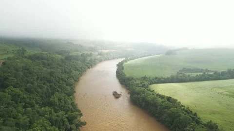 Flying over river, green fields and forest amid dense fog. Low clouds. Stock Footage 233218564