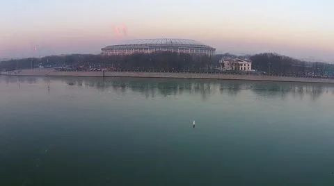 Flying over the river Moscow, a large sports arena, Luzhniki Stock Footage 45987764