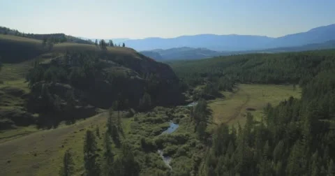 Flying over the River. Mountains of Altai, Siberia. Kurai Steppe Stock Footage 62338146