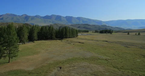 Flying over the River. Mountains of Altai, Siberia. Kurai Steppe Stock Footage 62338461