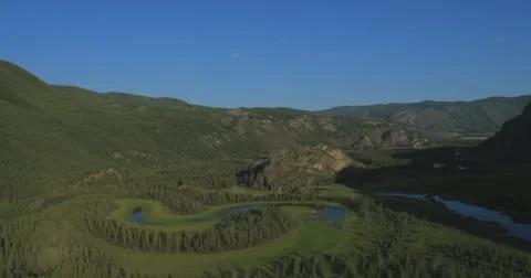 Flying over the River. Mountains of Altai, Siberia. Kurai Steppe Stock Footage 62637517