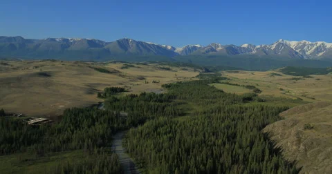 Flying over the River. Mountains of Altai, Siberia. Kurai Steppe Stock Footage 62645391