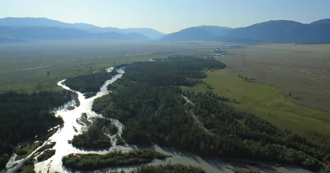 Flying over the River. Mountains of Altai, Siberia. Kurai Steppe Stock Footage 62654526