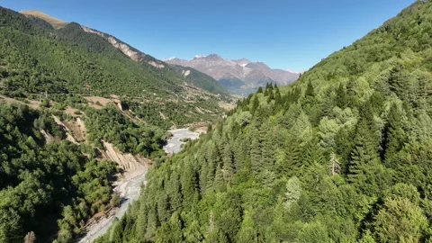 Flying over the river Mulkhra in Mestia. Georgia Stock Footage 220274254