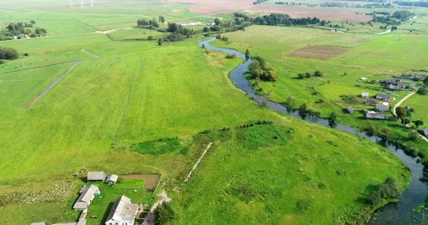Flying over the river in summer in Belarus. Aerial View Stock Footage 96098225