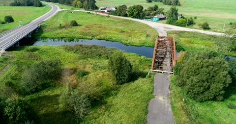 Flying over the river in summer. Bridge Stock Footage 96102549