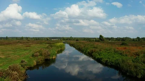 Flying over the river on a summer day. Summer landscape aerial view. Stock-Footage 116645140