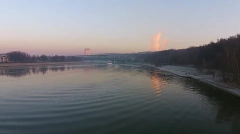 Flying over the river at sunset, flying along the river Stock Footage 45985061