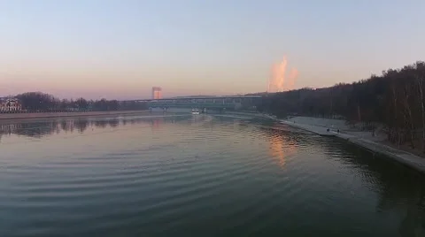 Flying over the river at sunset Stock Footage 46802389