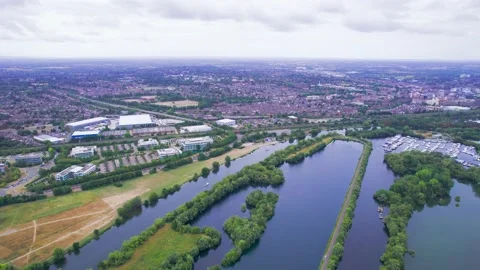 Flying over the River Thames and Marina, Reading, United Kingdom, England Video stock 207470605