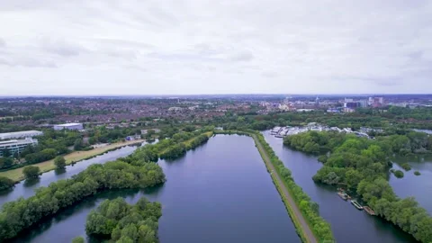 Flying over the River Thames and Marina, Reading, United Kingdom, England Video stock 207483983