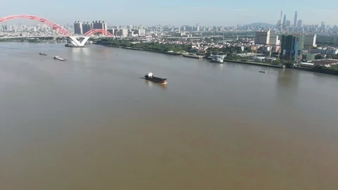 Flying over the river on which floating cargo ships Stock Footage 113668005