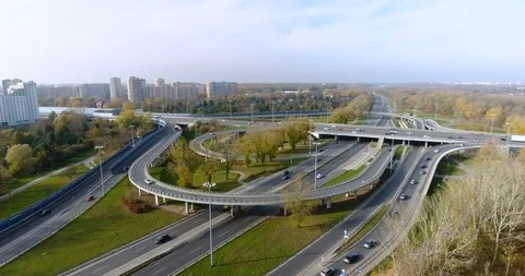 Flying Over Road Of Highway Intersection. Drone Footage Stock Footage 97863280