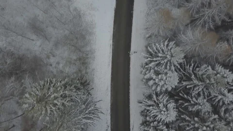 Flying over road, winter, snow, forest Stock Footage 85154574