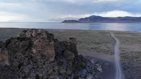 Flying Over Rock Formation Towards Anaho Island at Pyramid Lake Nevada Video stock 110775726