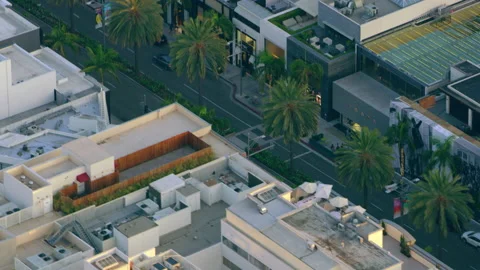 Flying over Rodeo Drive in Los Angeles and palm trees while sun sets. Medium clo Stock Footage 199460702