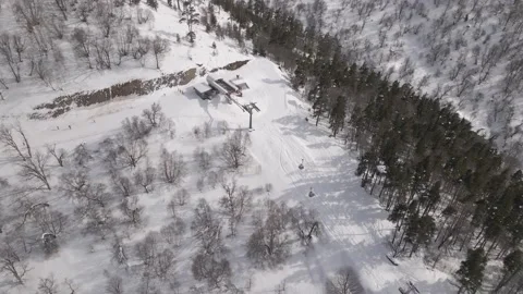 Flying over rope-way with gondolas at mountain resort Crystal Park in Bakuriani Video stock 150528771