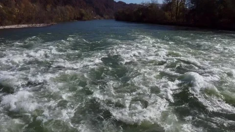 Flying over rough river autumn landscape Slovenia Stock Footage 142543668