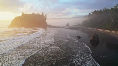 Flying over Ruby beach at sunset, Oregon, United States. Magnificent black beach Stock Footage 220714112