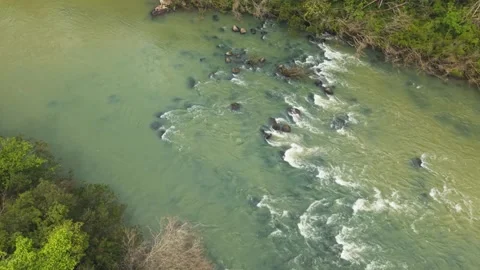 Flying over a rushing green river flowing amid trees. Irani river. Stock Footage 317657629
