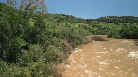 Flying over a rushing river amid green fields and trees. 4K. Drone. Stock Footage 233219632