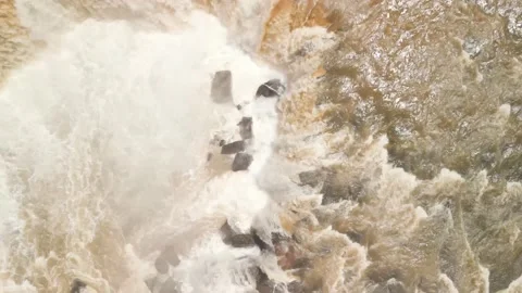 Flying over a rushing river and waterfall.Salto Saudades. 4K. Aerial. Stock Footage 233219735