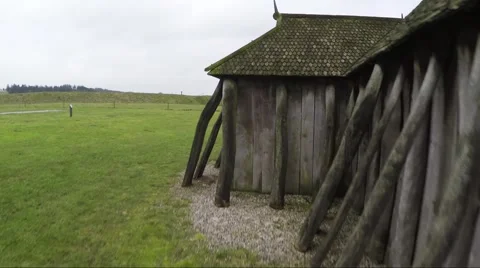 Flying over a scandinavian viking ring castle Stock Footage 49415366